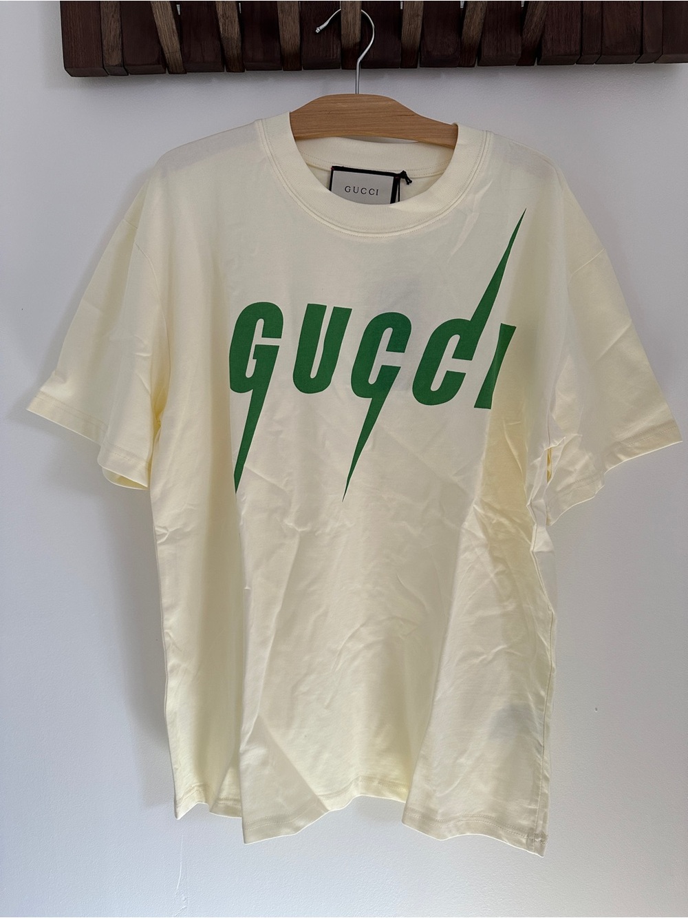 Gucci Cream Short-Sleeve Logo Tee with Green Graphic